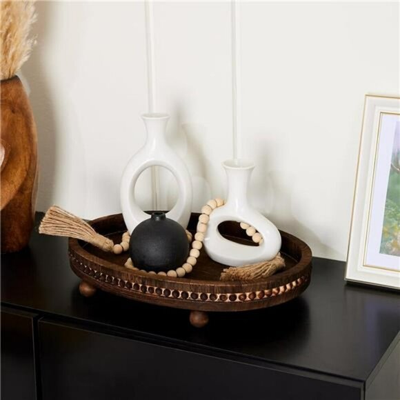 Wood Beaded Farmhouse Tray Oval Wooden Coffee Table Decor Serving Kitchen - Picture 6 of 7